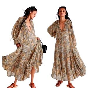 Free People SZXS Feeling Groovy Floral Maxi Dress Mustard ,Beige Tiered oversize